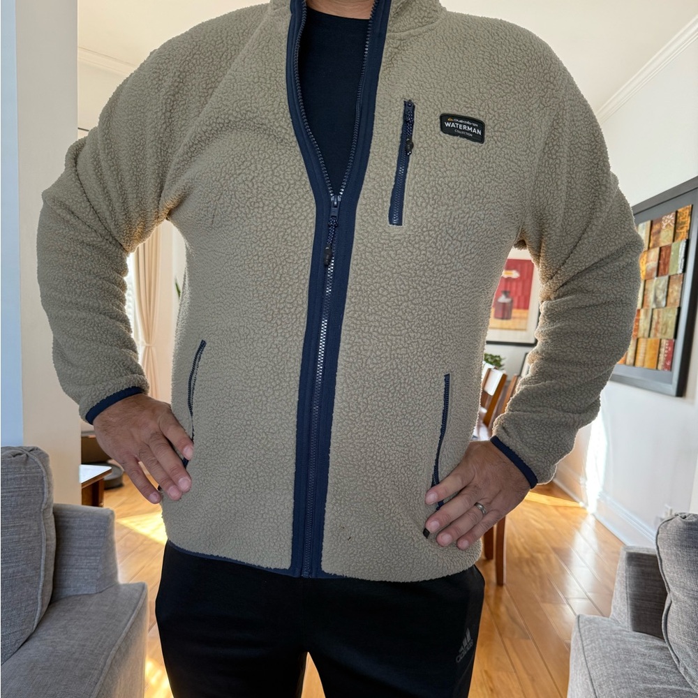 Quiksilver Waterman Men’s Sherpa Fleece Full-Zip Jacket – Tan/Navy – Size XL